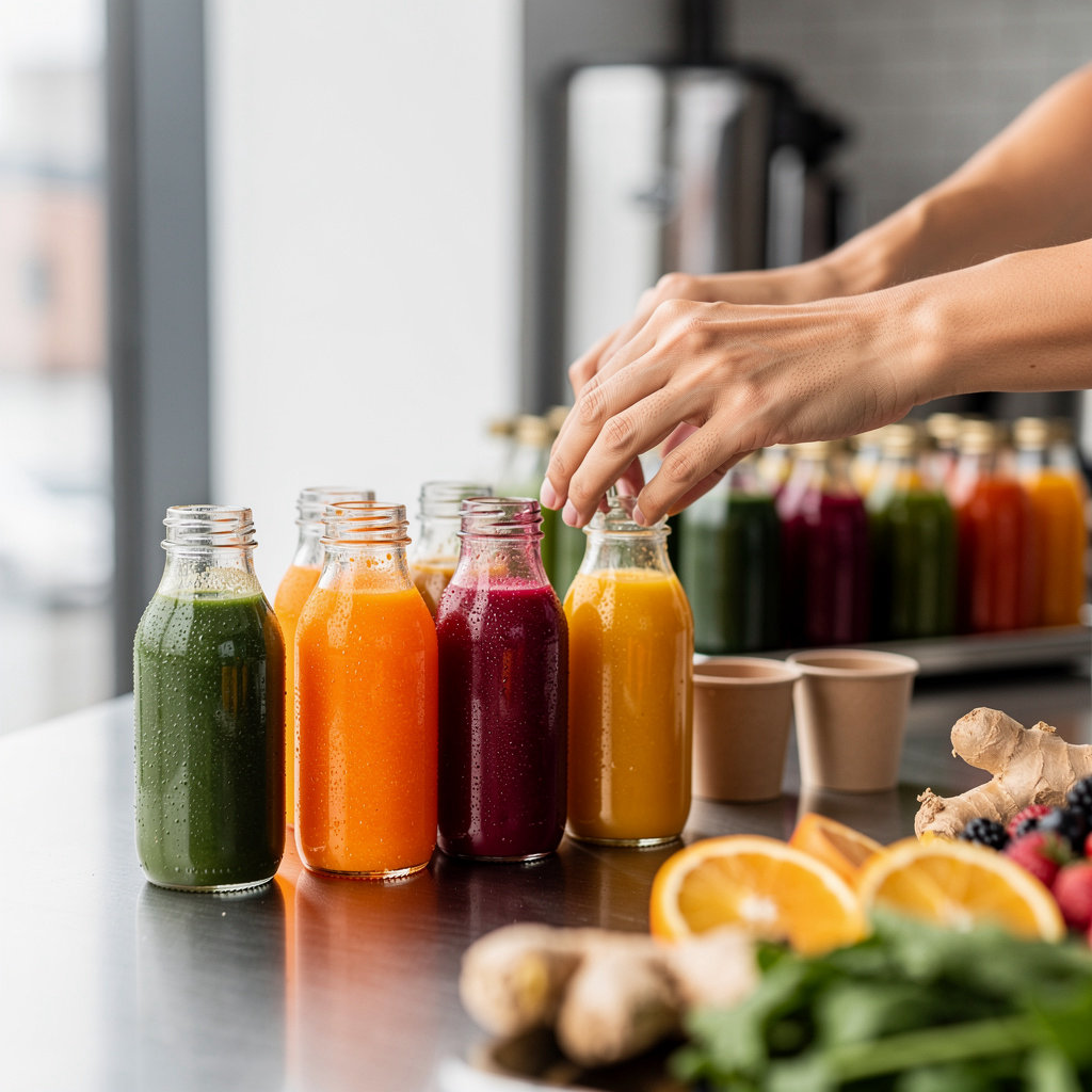 Scorpion Juice Bar corporate wellness catering - team employees enjoying fresh beverages together at company event